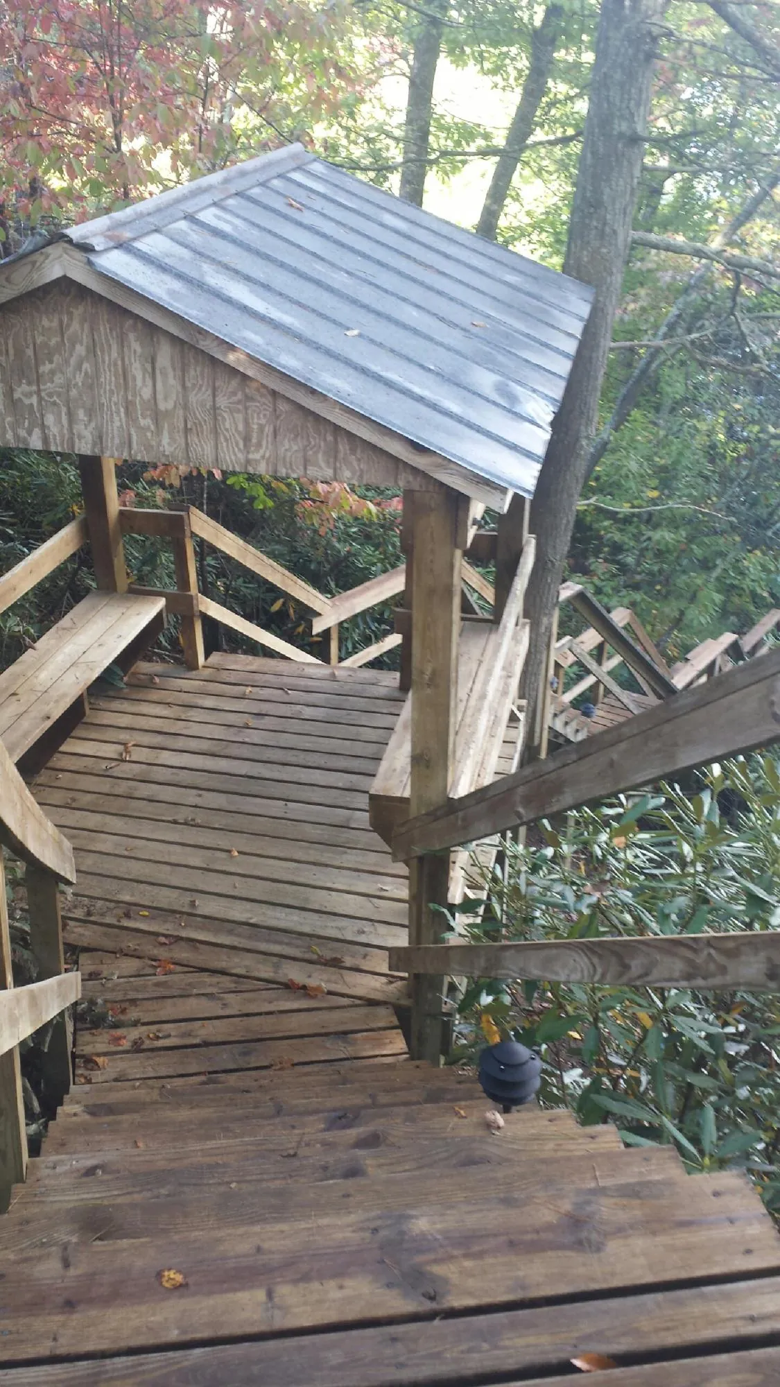 Metal roofed shelter over wooden steps on a wooded walkway — Skylight Repair & Installation work by our crew in Cottageville